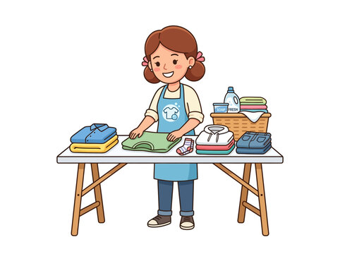 Smiling woman in apron folding laundry on table with basket, household chores vector illustration isolated on white background