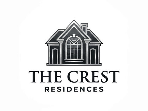 Elegant architectural real estate logo featuring a luxury classic house illustration with the text The Crest Residences