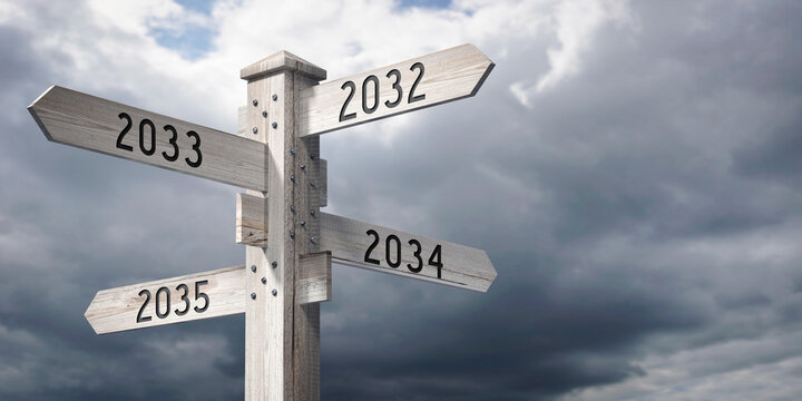 2032, 2033, 2034, 2035 - wooden signpost with four arrows - 3D rendering