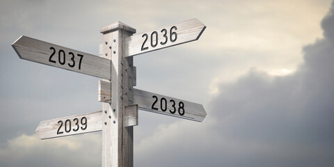 Fototapeta premium 2036, 2037, 2038, 2039 - wooden signpost with four arrows - 3D rendering