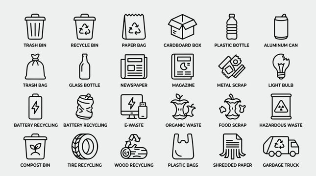 Set of recycle icons illustrating different waste types such as trash bin paper bag cardboard box plastic bottle aluminum can and compost bin for eco projects.