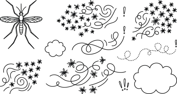 Mosquito insect vector icon set featuring flying bugs swarm pest control concept abstract swirl trails and speech cloud elements isolated on white background.