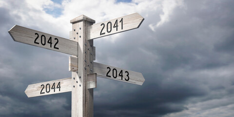 Fototapeta premium 2041, 2042, 2043, 2044 - wooden signpost with four arrows - 3D rendering