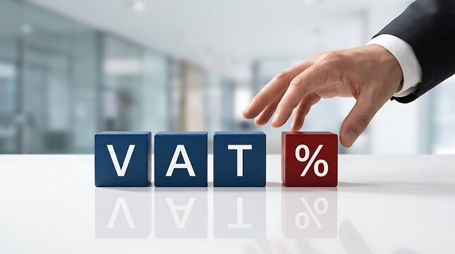 Businessman hand placing a red percent symbol block next to VAT letters in modern office, representing tax rate adjustment, financial planning, and accounting compliance.