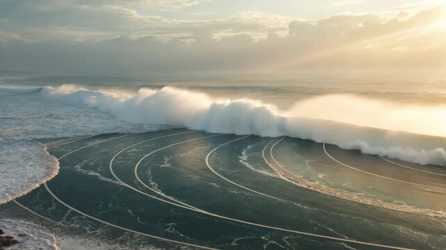 Ocean wave breaking with golden hour light and dramatic clouds during sunrise