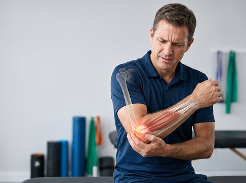 A semi-transparent anatomical rendering highlights the elbow joint, with a glowing red area indicating inflammation at the lateral epicondyle.