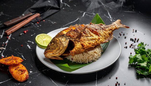 Crispy whole fried fish. Authentic Latin American mojarra frita served with rice and fresh lime.