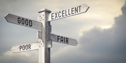 Fototapeta premium Excellent, Good, Fair, Poor - wooden signpost with four arrows - 3D rendering