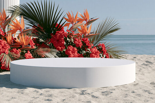 Podio circular blanco sobre arena de playa con arreglo de flores tropicales, hibisco y ave del para&iacute;so. Fondo de mar y cielo azul para exhibici&oacute;n de productos de verano y cosm&eacute;ticos