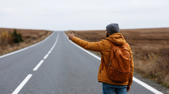 Backpacker hitchhiking on an open rural highway with a thumb up, budget travel and freedom concept, with copy space