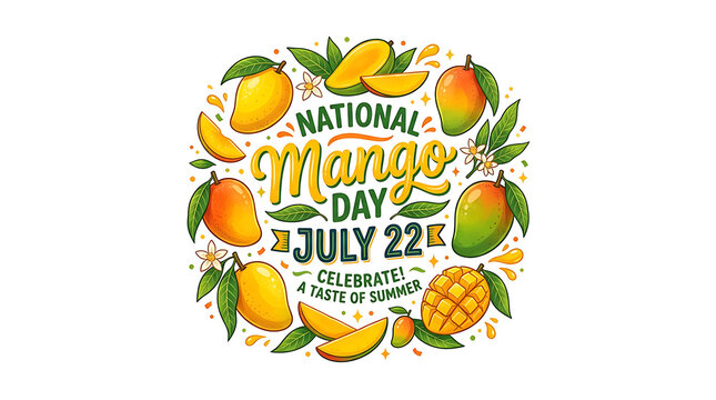 3d  "NATIONAL Mango DAY JULY 22" text surrounded by mangoes, mango slices, green leaves, and yellow floral accents, with "CELEBRATE! A TASTE OF SUMMER"