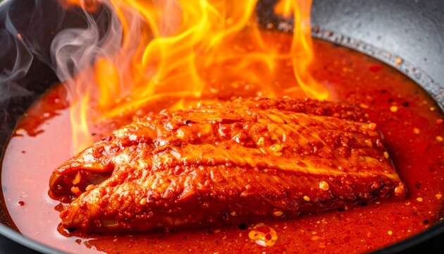 Spicy grilled fish with flames. Authentic ikan bakar rica-rica cooked on fire with fiery red hot chili pepper sambal sauce.