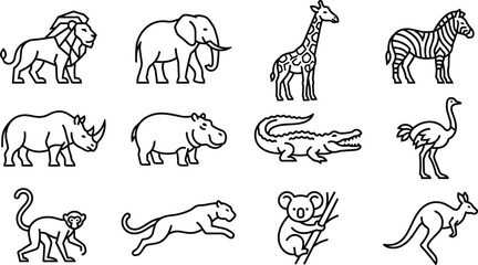 Wild Safari Animal Line Icon Set with Lion, Elephant, Giraffe, Zebra, Rhino, Hippo, Crocodile, Koala, and Kangaroo for Zoo Designs © MdMustak