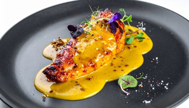 Roasted chicken in mustard sauce. Zesty poulet yassa dish presenting beautifully glazed chicken breast with rich onion marinades and herbs on a dark ceramic plate.