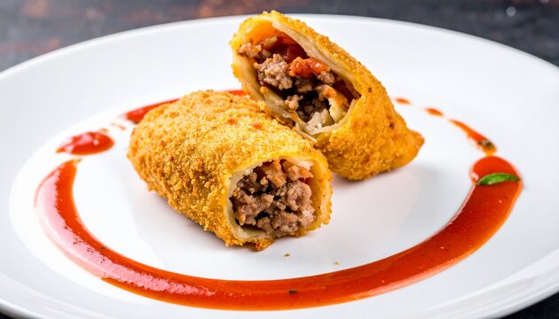 Stuffed chiles rellenos. Traditional golden fried chiles rellenos cut in half showing savory ground beef mixture on plate.