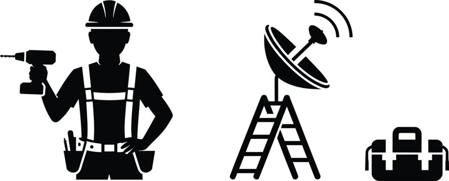 Technician with drill, satellite dish on ladder, and toolbox icons representing installation, communication, and technical labor silhouettes