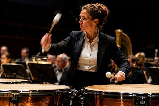 Orchestra percussionist poised over timpani on stage with dramatic lighting.