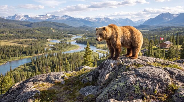 Grizzly bear stands on a rocky cliff overlooking a river in Canada
