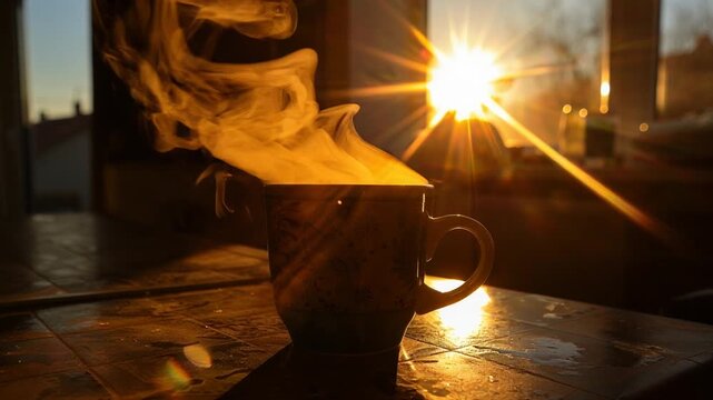 Steaming cup illuminated by sunlight on a wooden tabletop