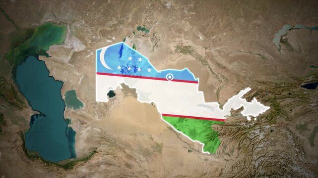 Uzbekistan Map Filled with National Flag on Detailed Satellite Earth Background