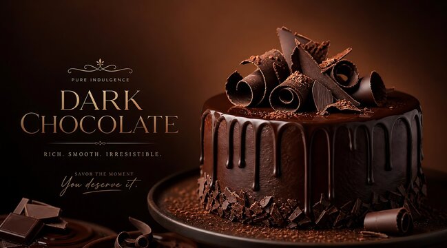 Gourmet dark chocolate cake with ganache drip and decorative curls.