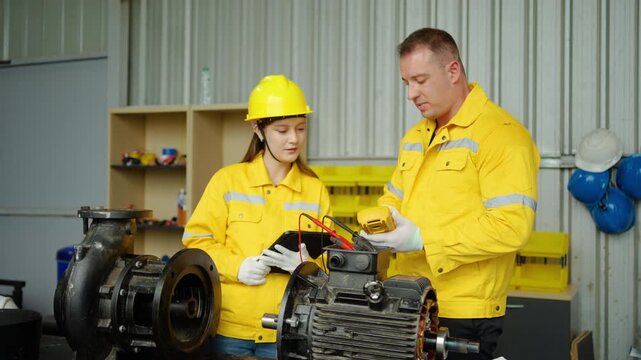 Male and female caucasian industrial engineers in yellow safety uniforms use a digital multimeter to test an electric motor in a workshop. The woman records the electrical maintenance data on a tablet