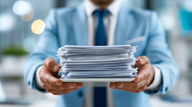 Faceless businessman digitizing stacks of papers to go paperless with document management system and ERP for online documentation database, digital transformation concept,