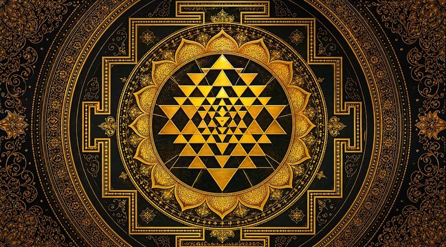 Golden Sri Yantra mandala with intricate geometry on black background.