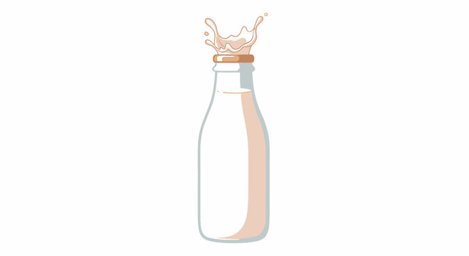 Glass bottle with milk splash on white background