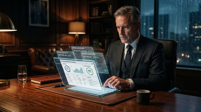 Mature corporate executive reviewing digital executive compliance overview on holographic screen at office desk at night