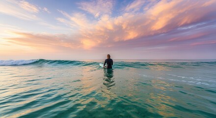 Fototapeta premium Silhouette Surfer Paddling on Calm Ocean at Sunset with Dramatic Sky Reflection