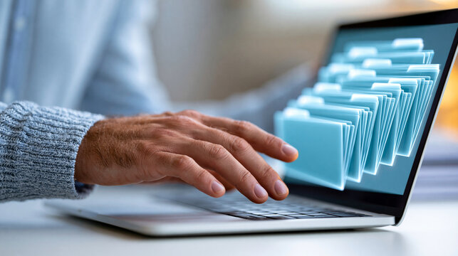Faceless person interacting with virtual folders on laptop for digital document organization and efficient data management, file storage solution concept, technology photography,