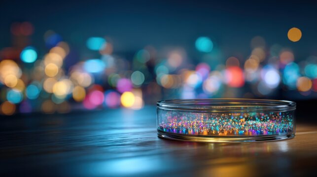 Petri dish filled with vibrant colorful microbial growth resting on a wooden surface with bokeh city lights in the background