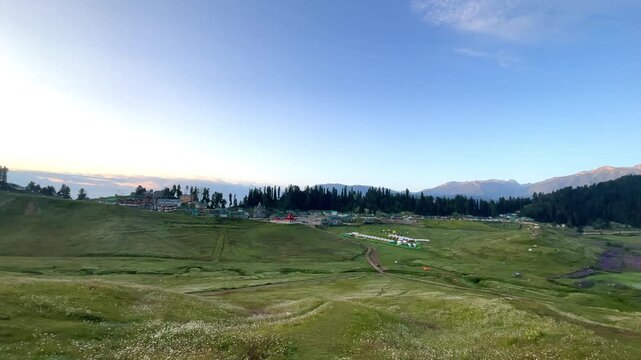 Panoramic View of Gulmarg Kashmir with Pine Forest, Blue Sky and Dramatic Summer Clouds.