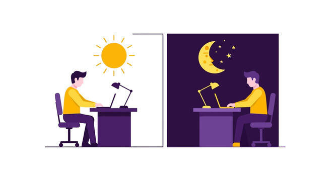 Man Working Day and Night Illustration - 24/7 Productivity and Workload Concept