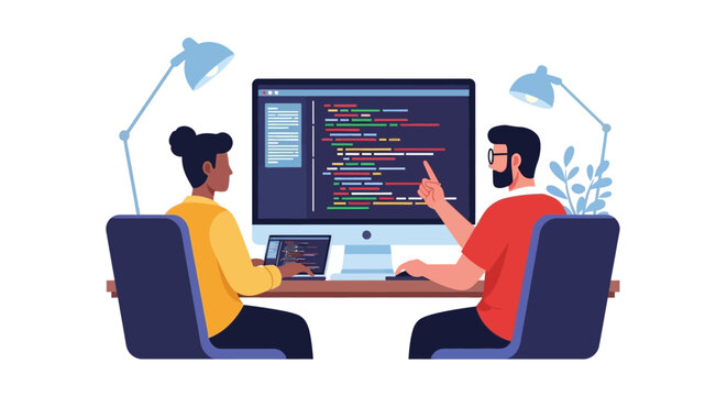 Diverse Software Developers Collaborating on Computer Code in Modern Office, Pair Programming Vector Illustration