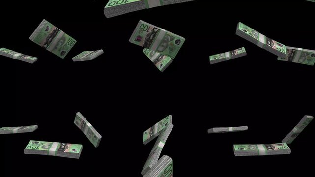 Australia Money, Australian Dollar Banknotes Falling On Black Background, AUD Polymer Currency Stacks Dark Cinematic, 4K