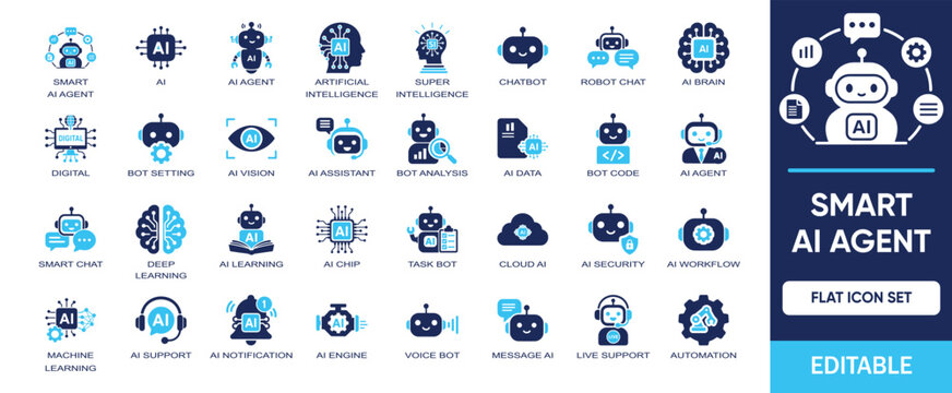 Smart AI Agent editable solid icon set. Includes symbols by chat bot assistant, digital robotic support, machine learning, artificial intelligence and technology automation vector icons collection.