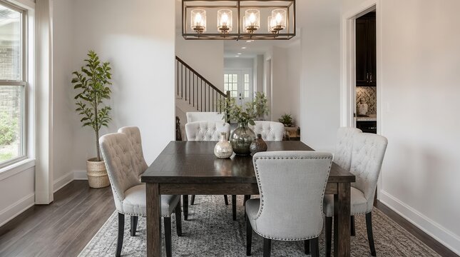A stylishly appointed dining room showcases a dark wood table adorned with decorative accents and surrounded by tufted upholstered chairs, creating a welcoming atmosphere for gathering