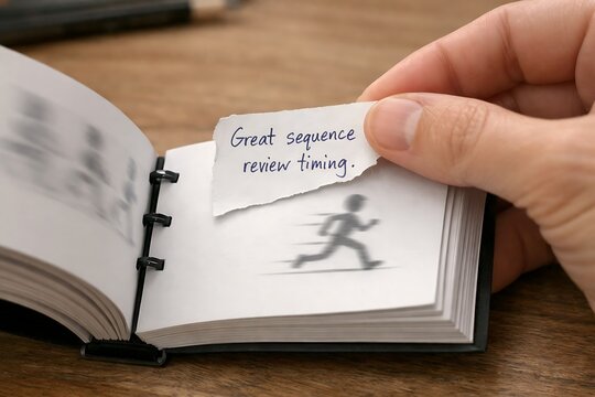 Hand Holding "Great Sequence Review Timing" Note Over Animated Flipbook