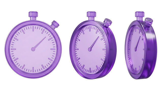 Three purple stopwatches on transparent background for time measurement