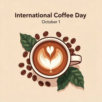 International Coffee Day illustration with coffee beans and latte art on a beige background