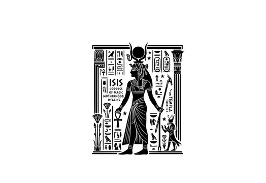 Goddess Isis Silhouette Sticker Vector. Ancient Egyptian winged Goddess Protection Temple Bas-Relief Icon Isolated.