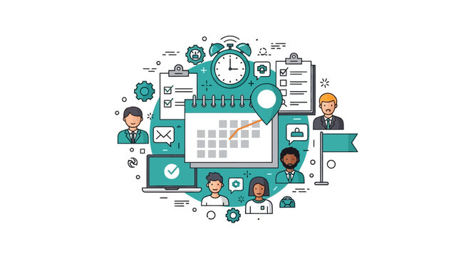 Business Time Management and Project Planning Concept Illustration with Calendar, Clock, and Team Icons for Productivity and Workflow Optimization