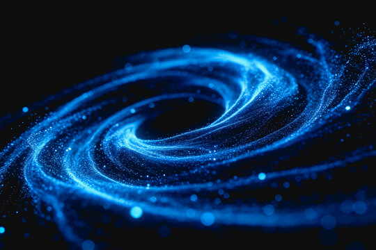 A luminous blue spiral made of glowing particles set against a dark, empty backdrop, resembling a galaxy or digital energy flow.