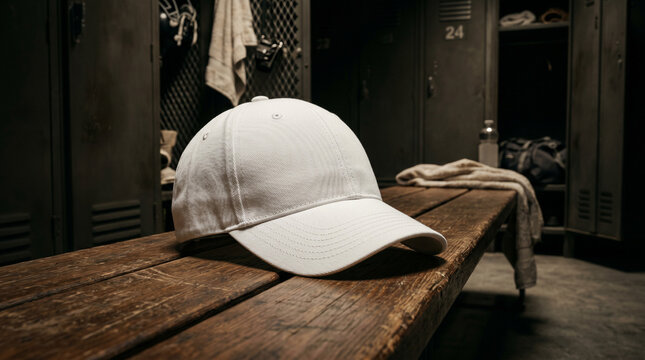 White baseball cap resting on a weathered wooden bench in a dimly lit locker room with open metal lockers and sports equipment creating an authentic athletic atmosphere for preparation