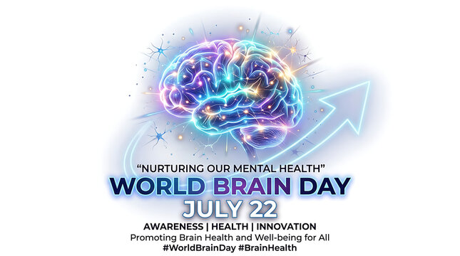 3d  World Brain Day (July 22): A stylized brain glowing in blue, purple, and pink with a curved upward arrow behind it, metallic white title text, and subtitles "AWARENESS | HEALTH | INNOVATION"