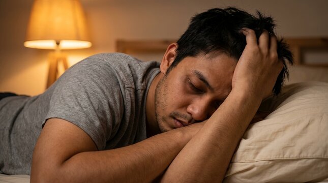 tired man lying awake pillow insomnia night stress sleep deprivation slumped body on the bed suggests deep fatigue poor sleep quality and the quiet burden of insomnia for restless night concepts