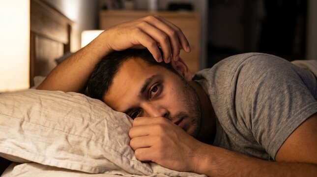 insomnia exhausted man pillow sleepless night bedroom anxiety fatigue stress man lying awake against a pillow conveys restless thoughts emotional strain and inability to switch off at night