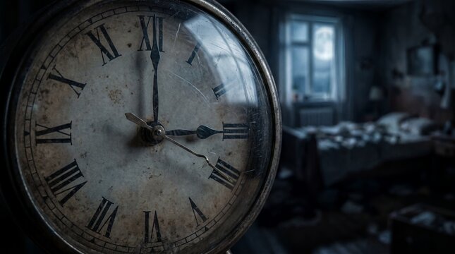 3 AM clock insomnia sleepless night bedroom anxiety time stress old clock face in a dark bedroom symbolizes middle of the night wakefulness and time anxiety during insomnia for insomnia time concepts
